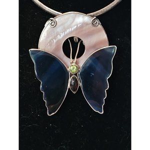 ART DECO BUTTERFLY PENDENT  Indigo Blue  Pearl Silver Cottage Core